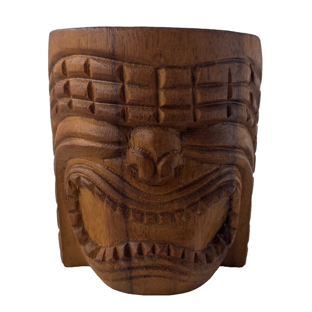 VTG Tiki Mug Monkeypod Wood Hand Carved MCM Tropical Bar Ware Office Den Stamped